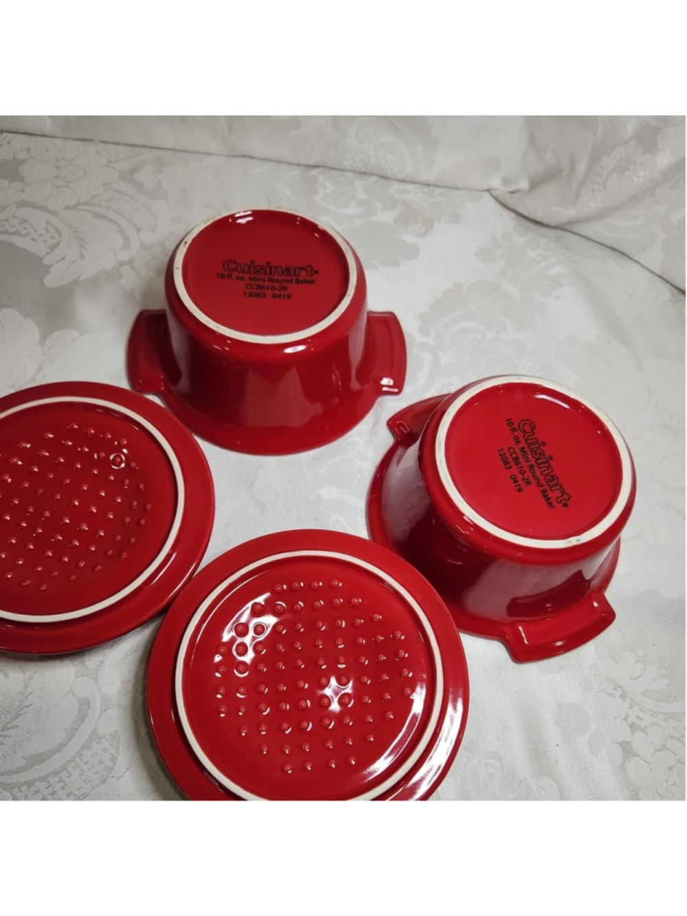 2 Mini CUISINART RED CERAMIC BAKEWARE Casseroles Ramekins W LID 10 Oz
